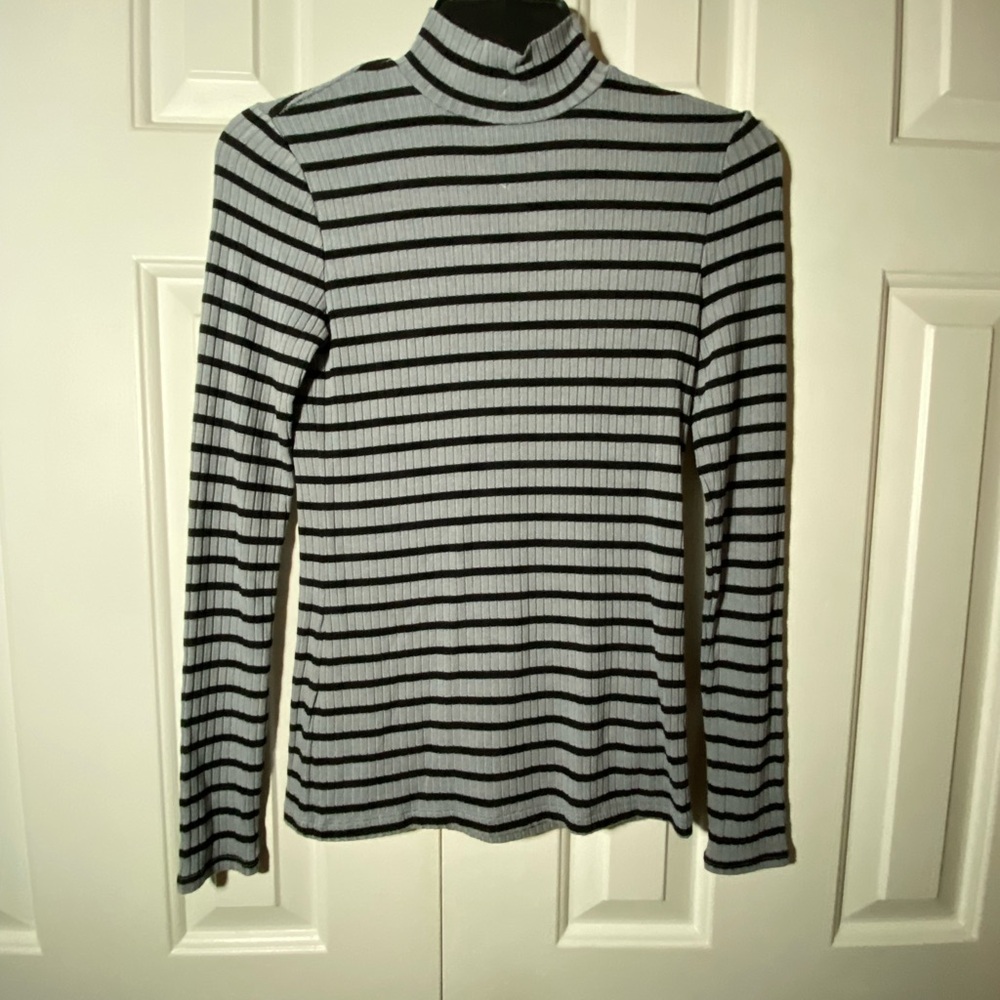 Tahari Black and Gray Striped Turtleneck